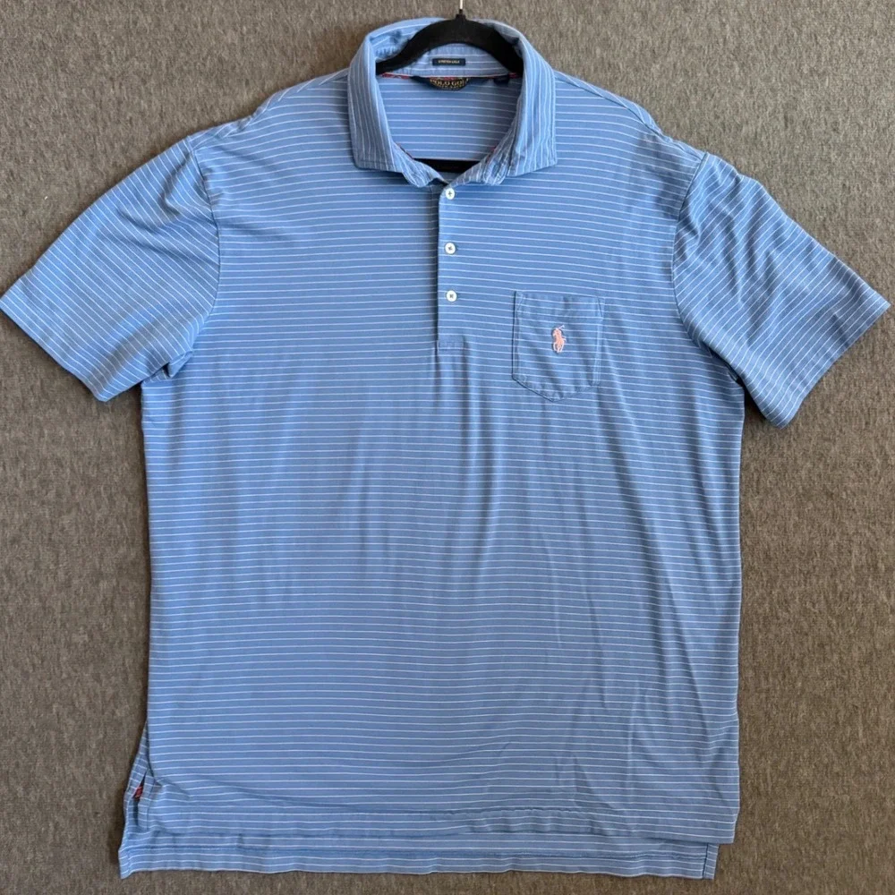 Polo Golf Ralph Lauren Mens XL Blue White Striped Stretch Lisle Pocket Shirt